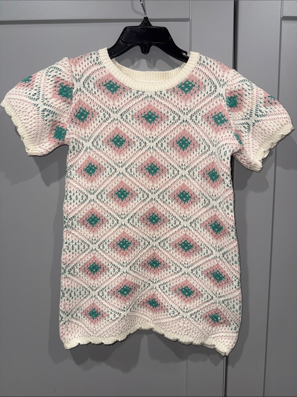 Jessica Simpson Cream Knit Short-Sleeve Dress with Pink & Teal Diamond Pattern